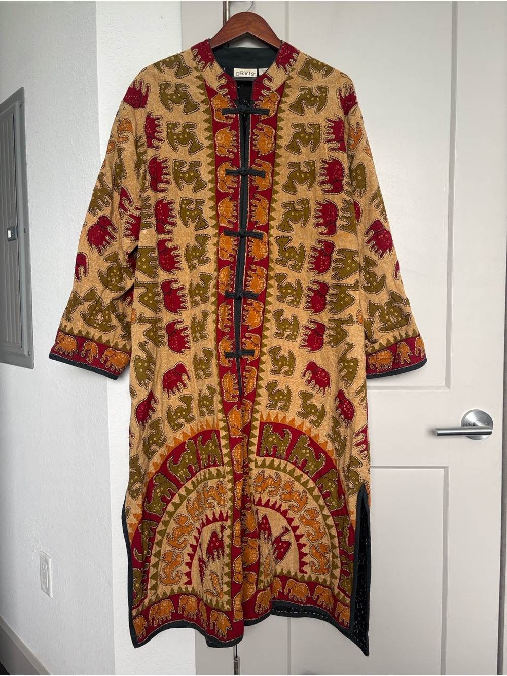 VINTAGE ORVIS ELEPHANT CAMEL PRINT COTTON LONG BOHO TOGGLE JACKET WOMENS XL